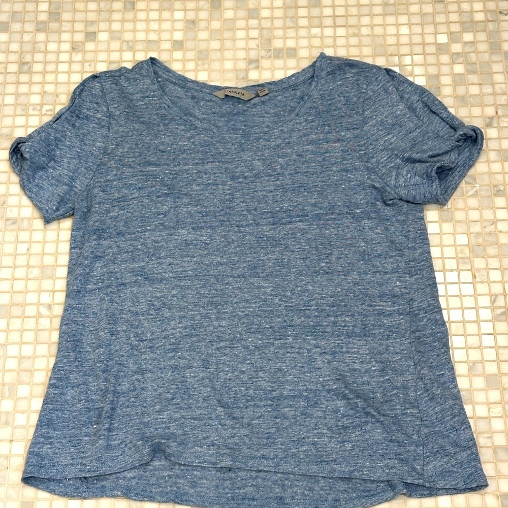 Athleta Zephyr Linen Twist Sleeve Tee Heather Blue Women's Top.